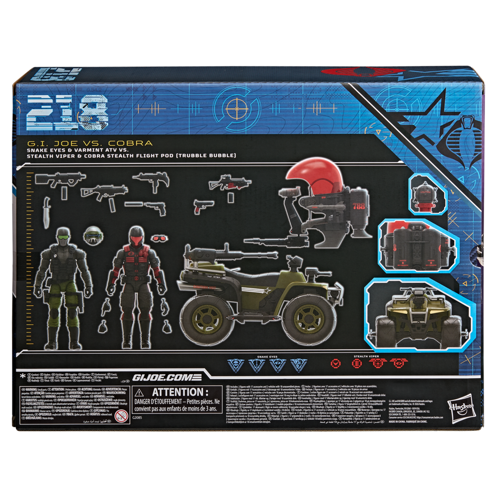 G.I. Joe Classified Series #218, Snake Eyes & Varmint ATV Vs. Stealth Viper & Cobra Stealth Flight Pod (Trubble Bubble)